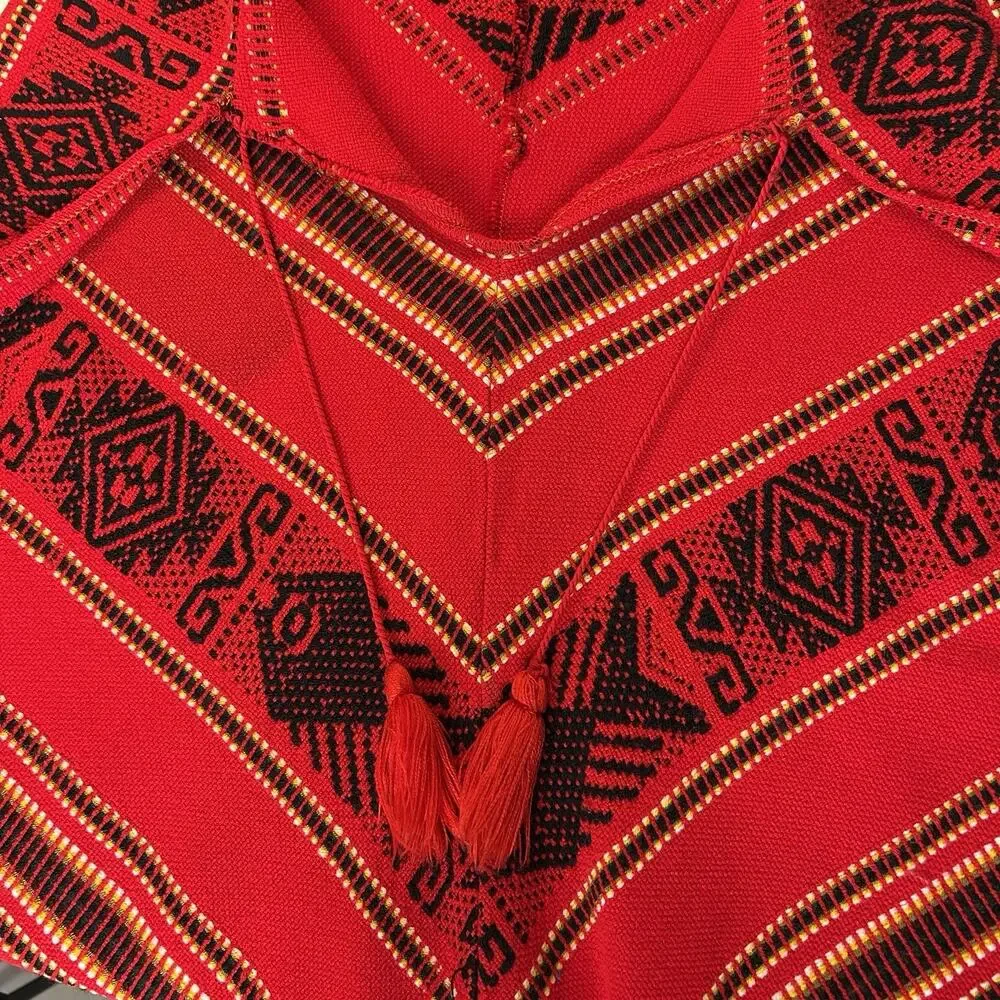 Red Black Woven Geometric Fringe Poncho Cape Shawl Boho Festival One Size